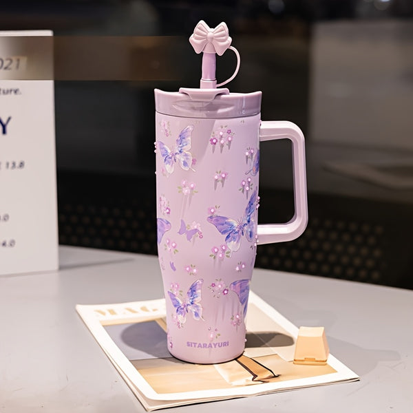 Insulated Steel Tumbler with Handle and Straw for Adults (Purple-Butterfly)