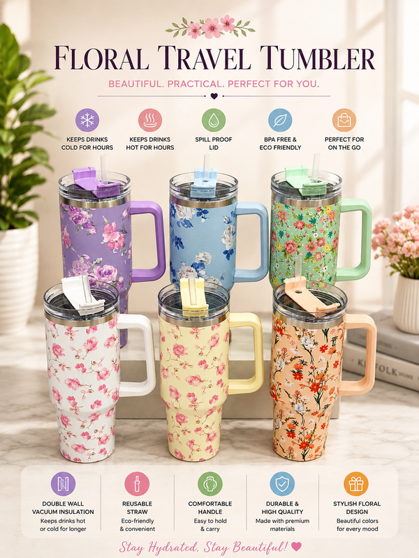 Floral Design Tumbler with Handle and Leak Resistant Lid and Straw Elegant stainless steel cups with handle and floral design